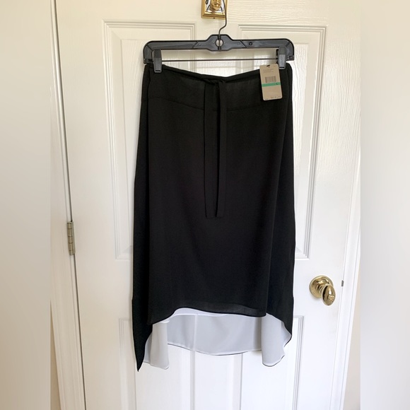 NWT DKNY Pure Midi Skirt: Black White Lining High-Low Uneven Hem Lightweight L
